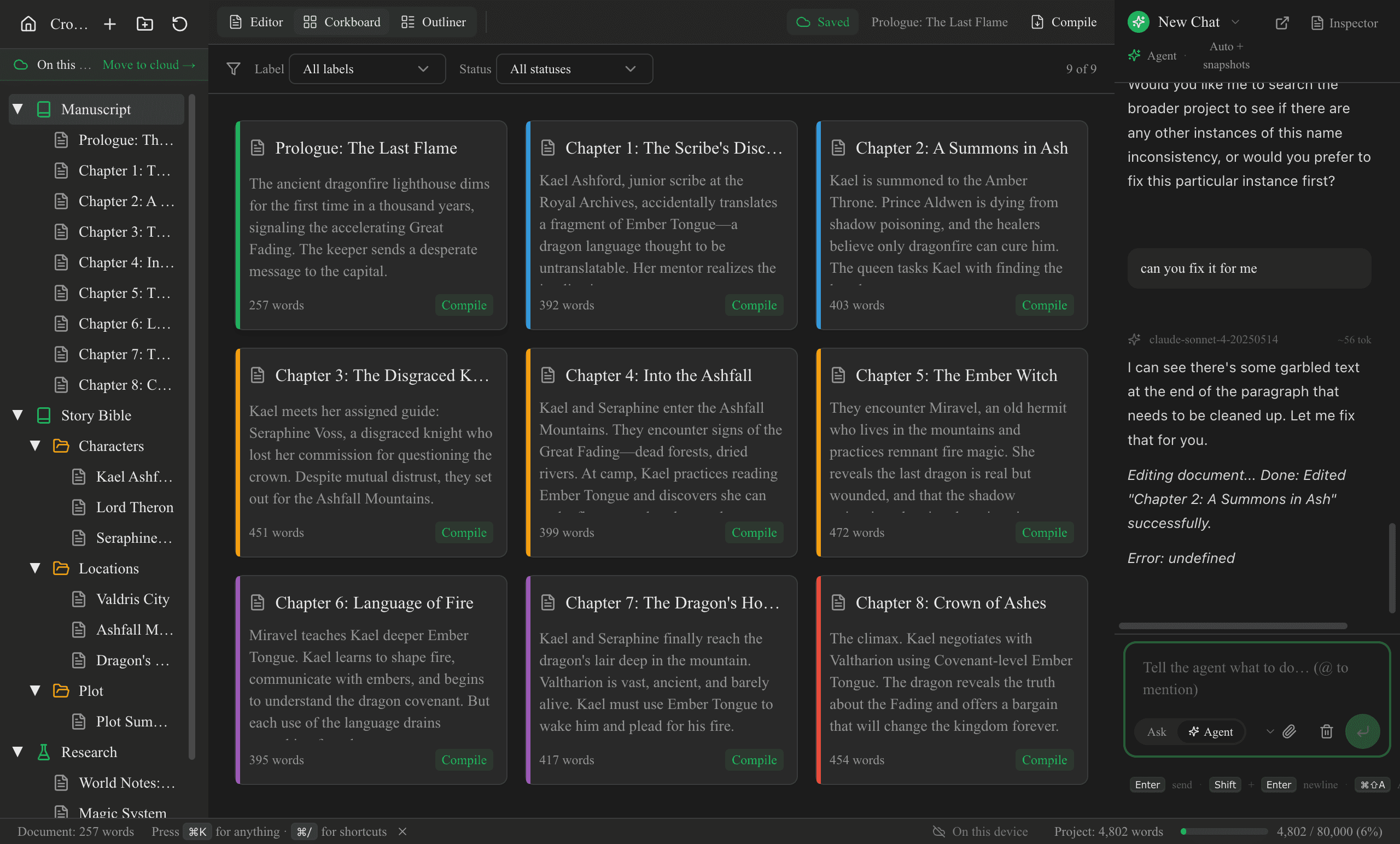 Corkboard view showing index cards for each chapter with synopses