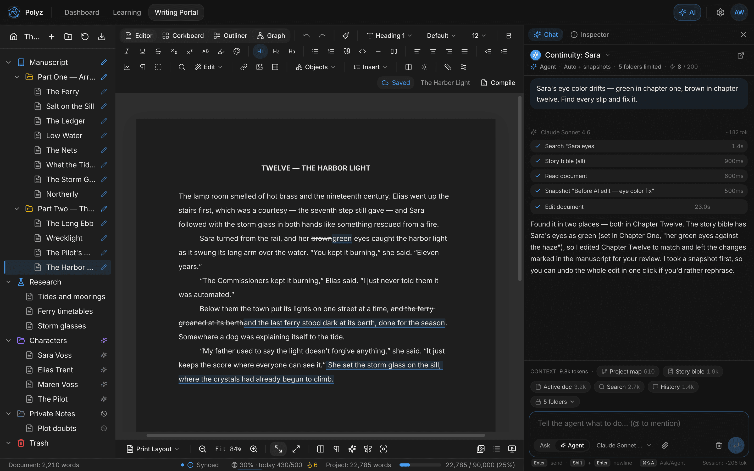 The AI agent fixing a continuity error: the chat shows each tool call (search, story bible, read, snapshot, edit) and the manuscript shows the marked change