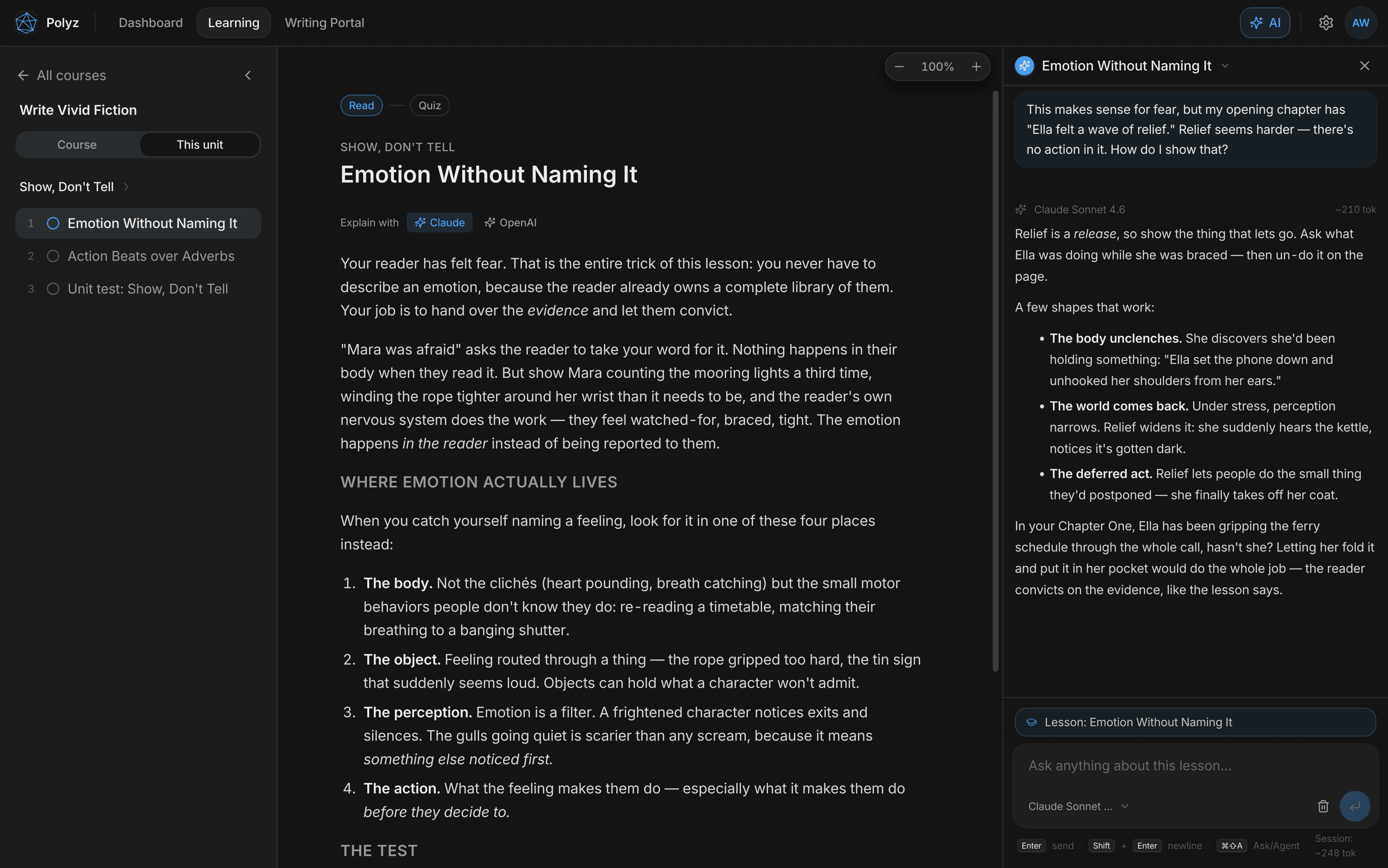 A craft lesson, Emotion Without Naming It, with the AI tutor panel alongside answering a question about the writer's own chapter