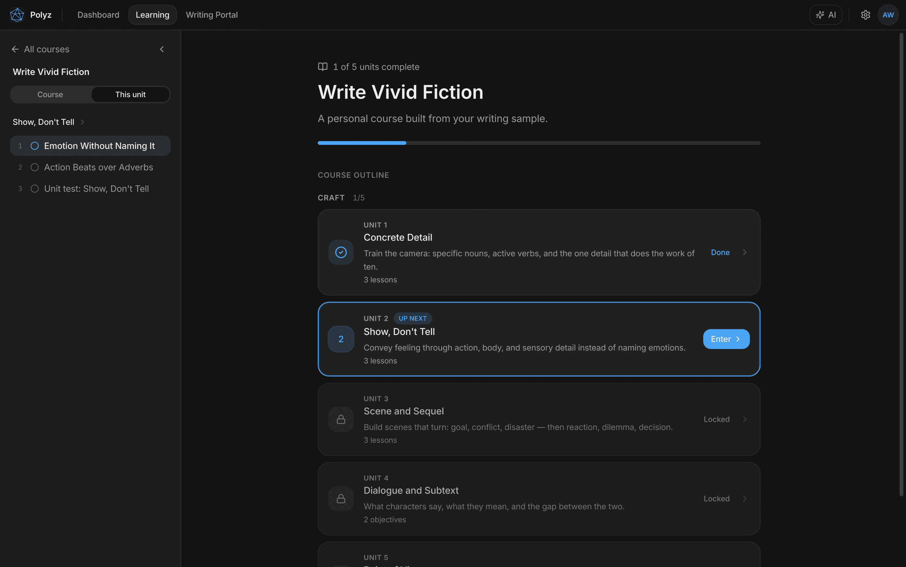 A personal writing course, Write Vivid Fiction: five units from Concrete Detail to Point of View, with the completed unit marked done and the next one up