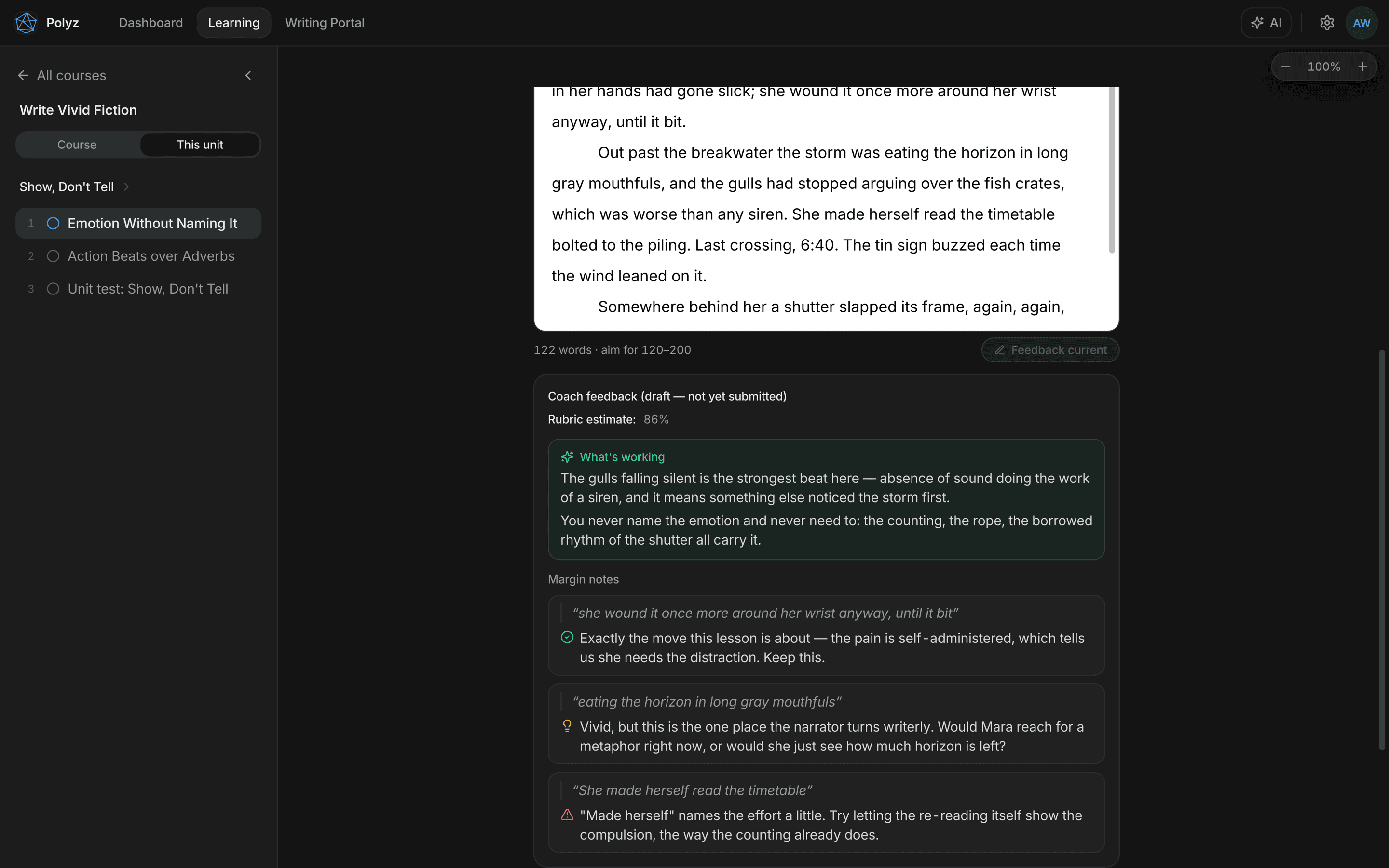 A graded writing exercise: the draft in the editor above coach feedback showing a rubric estimate, what's working, and margin notes quoting exact lines