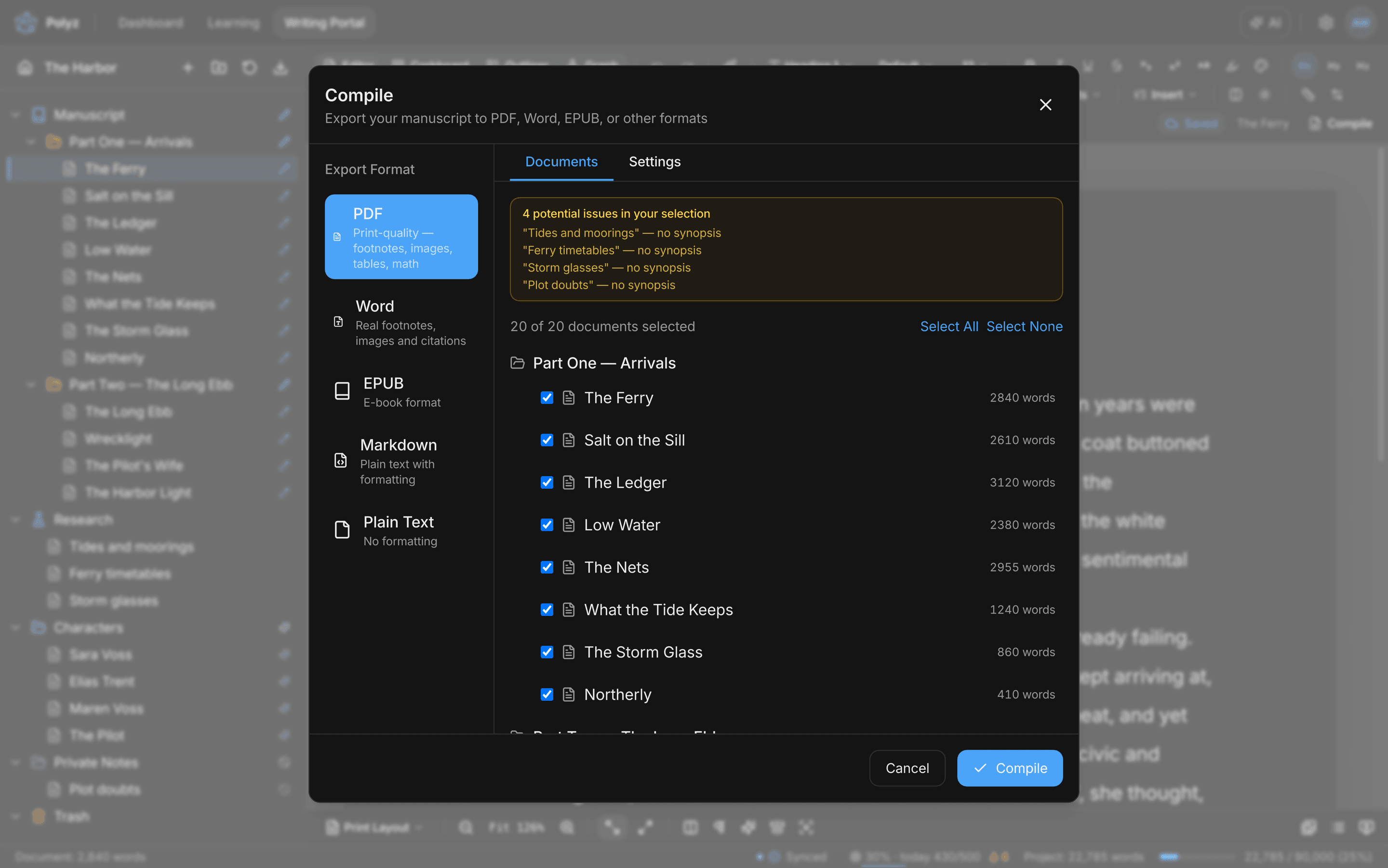 The compile dialog: PDF, Word, EPUB, Markdown, and plain-text formats, per-document selection with word counts, and pre-flight warnings