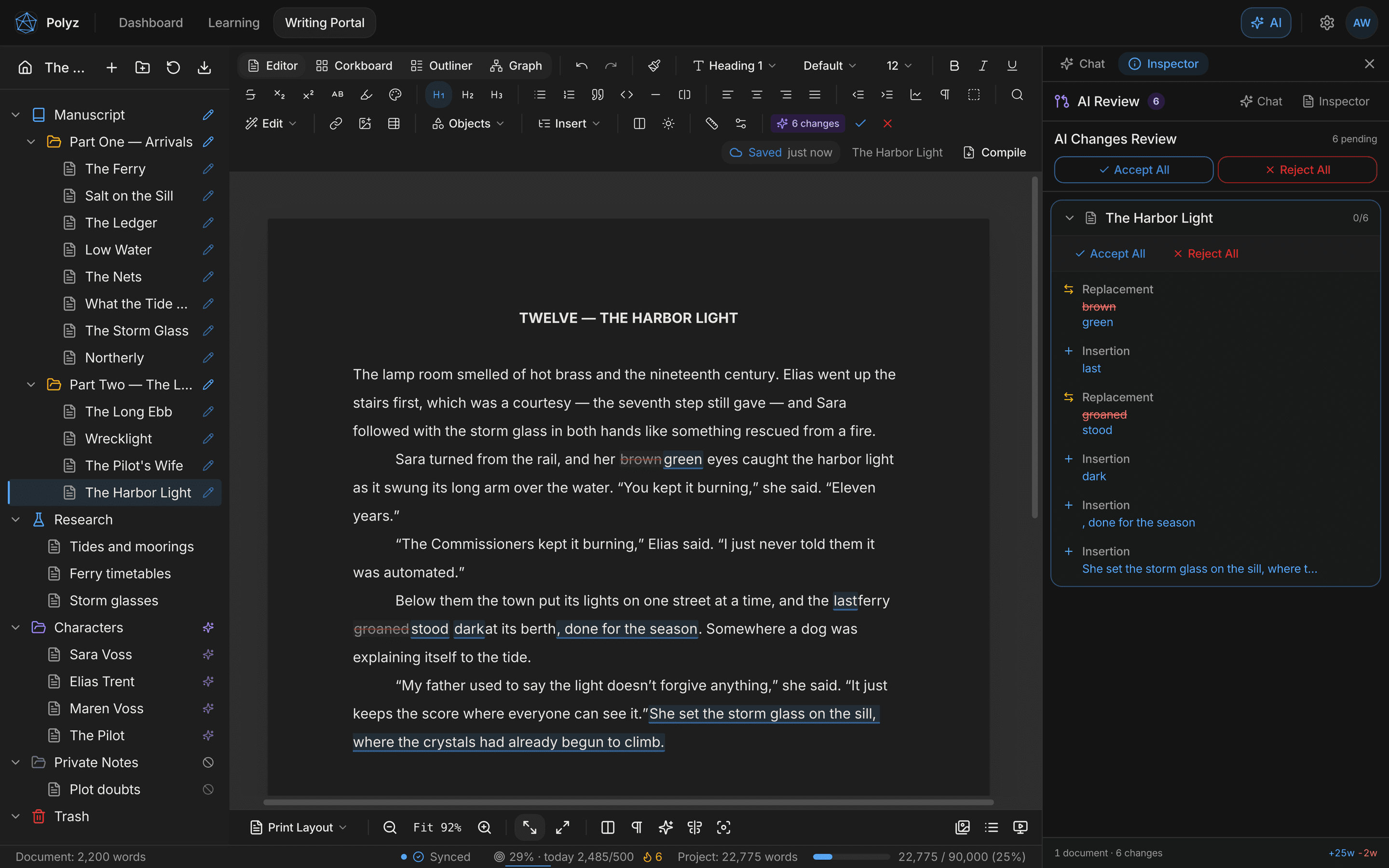 AI change review: the manuscript shows insertions and deletions inline while the review panel lists each hunk with accept and reject controls