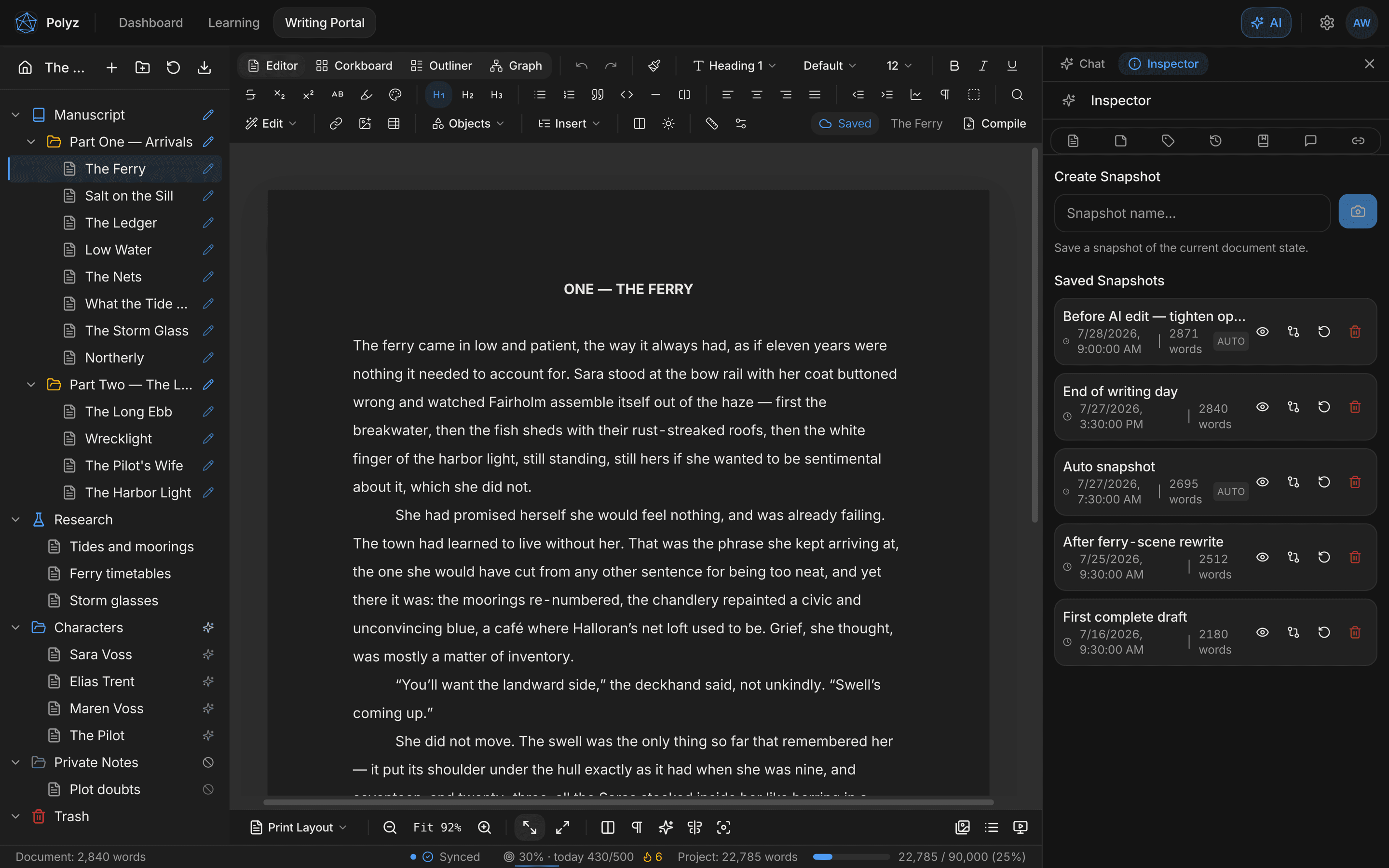 The snapshots panel: named and automatic versions of a document with word counts, plus preview, compare, and restore controls