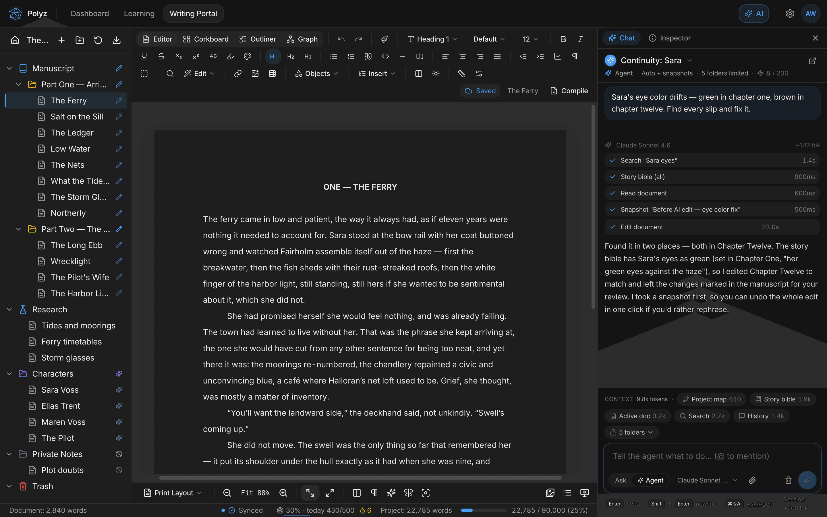 The Polyz writing editor: binder with a novel's structure on the left, the manuscript in the center, and the AI panel on the right