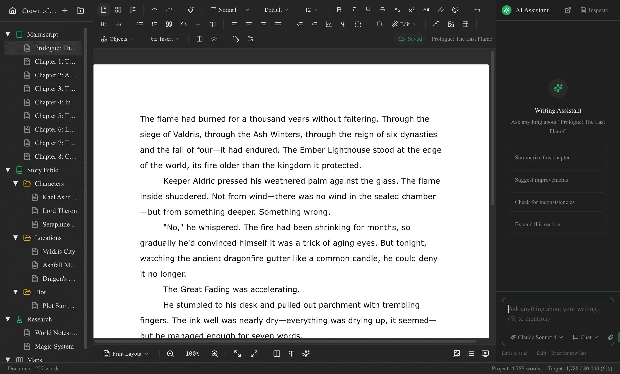 Full manuscript editor with binder sidebar, rich text editing, and inspector panel