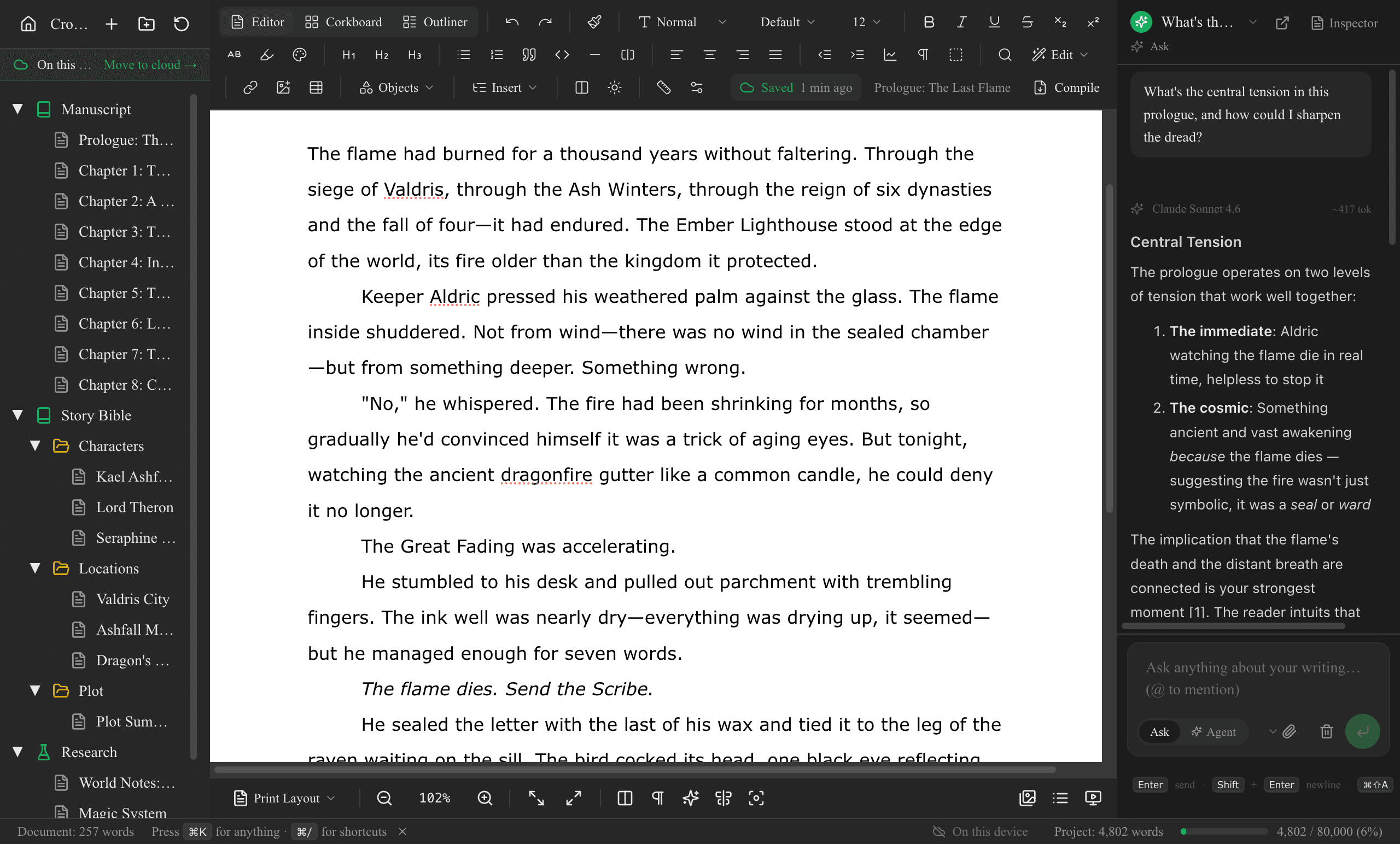 Full manuscript editor with binder sidebar, rich text editing, and inspector panel