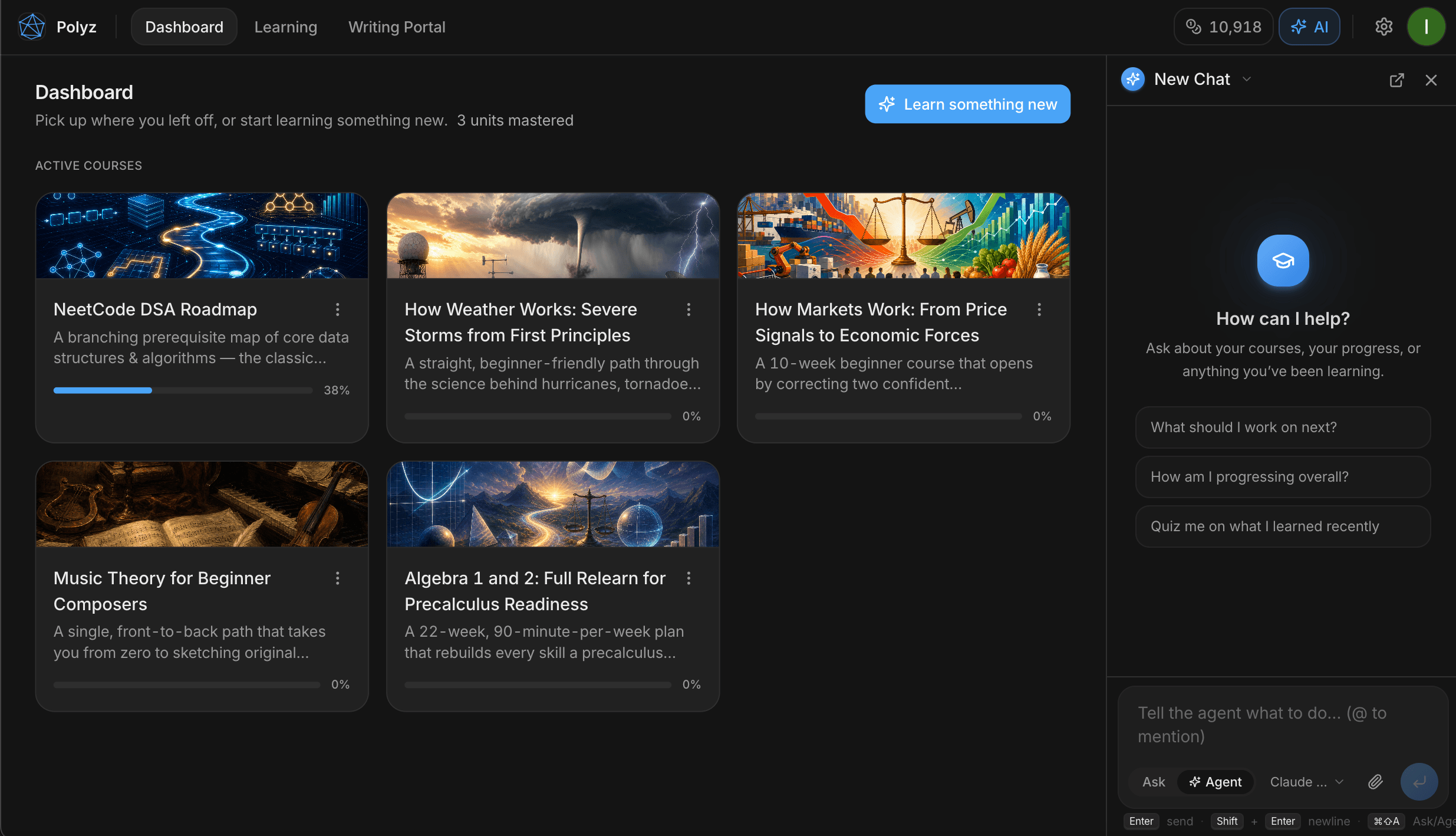 The Polyz dashboard showing five personal courses in progress, each with its own cover and completion percentage.