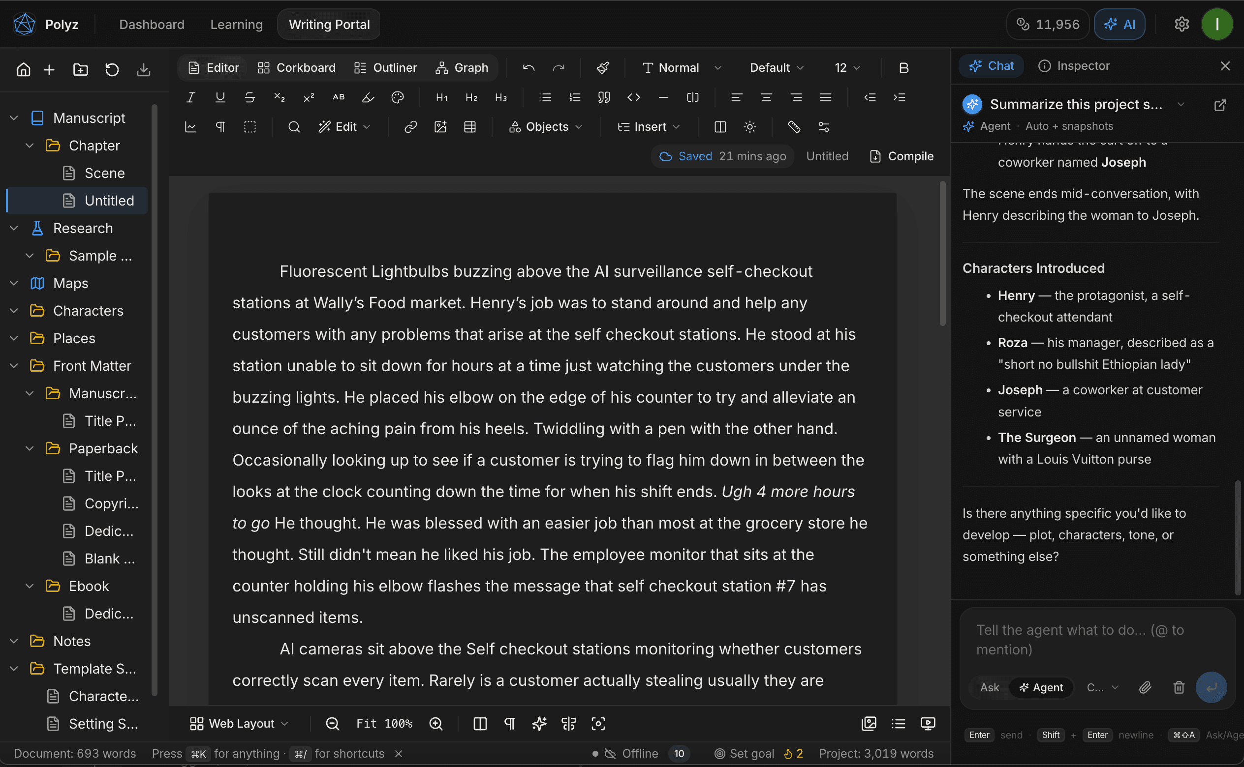 The Polyz writing editor with the project binder, a manuscript page, and an AI chat panel summarising the scene's characters.