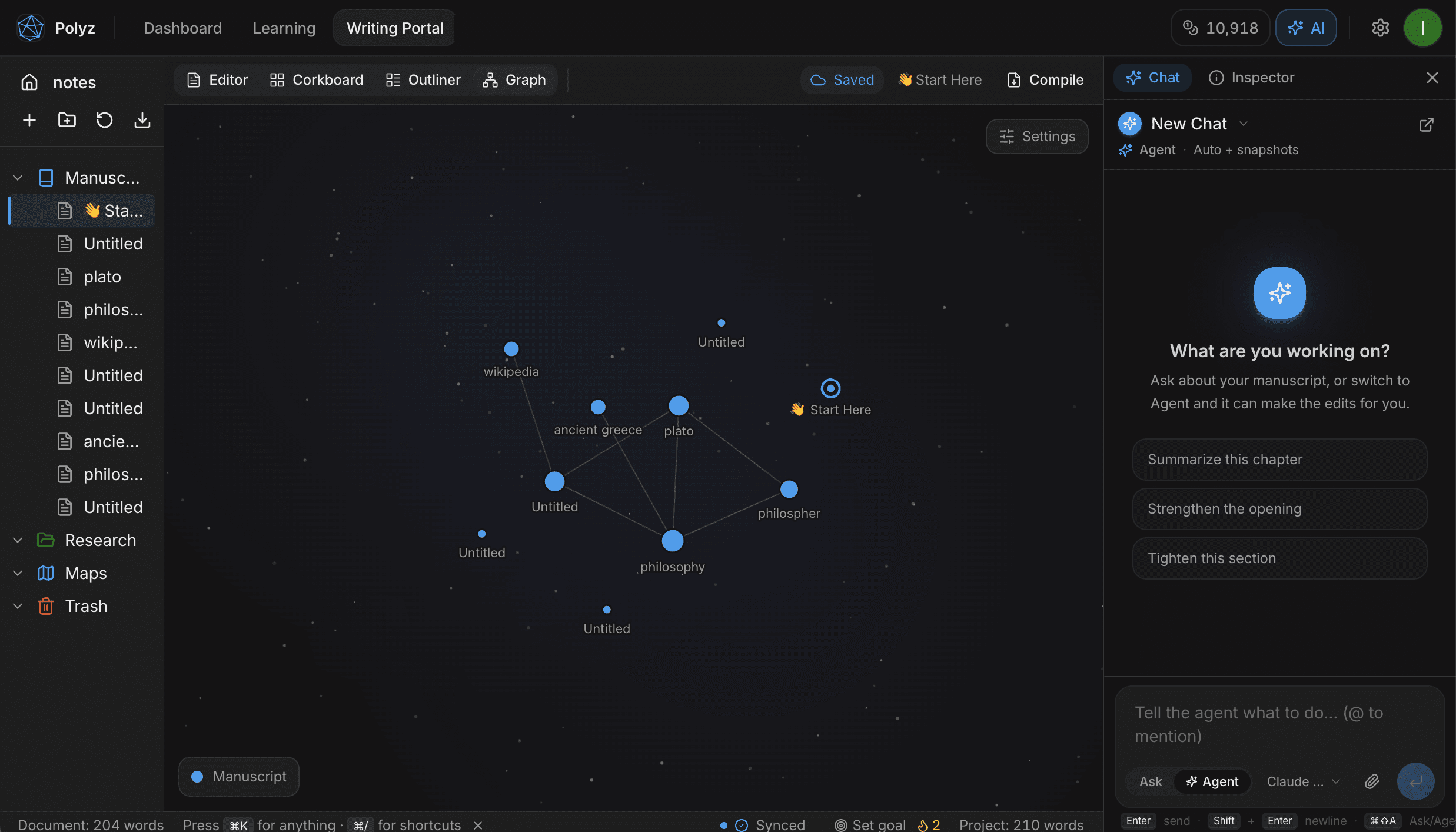 The Polyz link graph, showing notes on philosophy, Plato and ancient Greece connected as a node network.