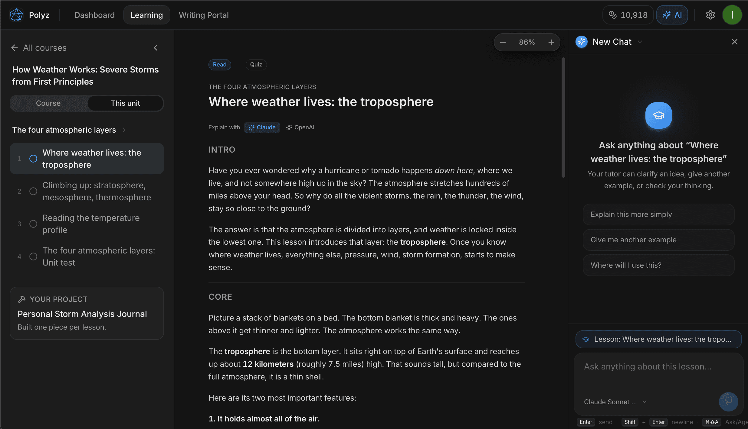 A Polyz lesson on the troposphere, with the unit outline on the left and the AI tutor panel on the right.