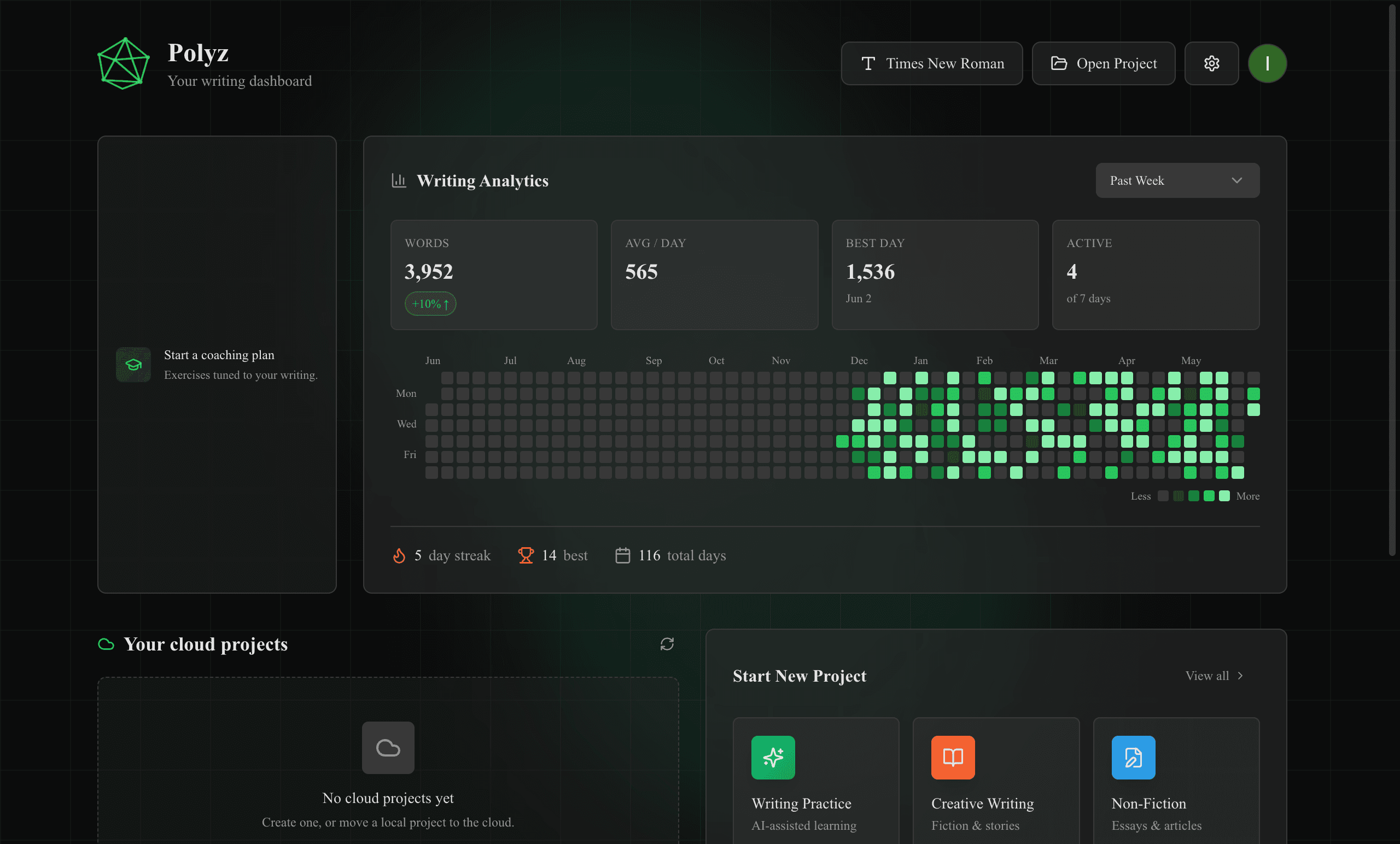 Welcome screen with recent projects, writing analytics, and coaching plan