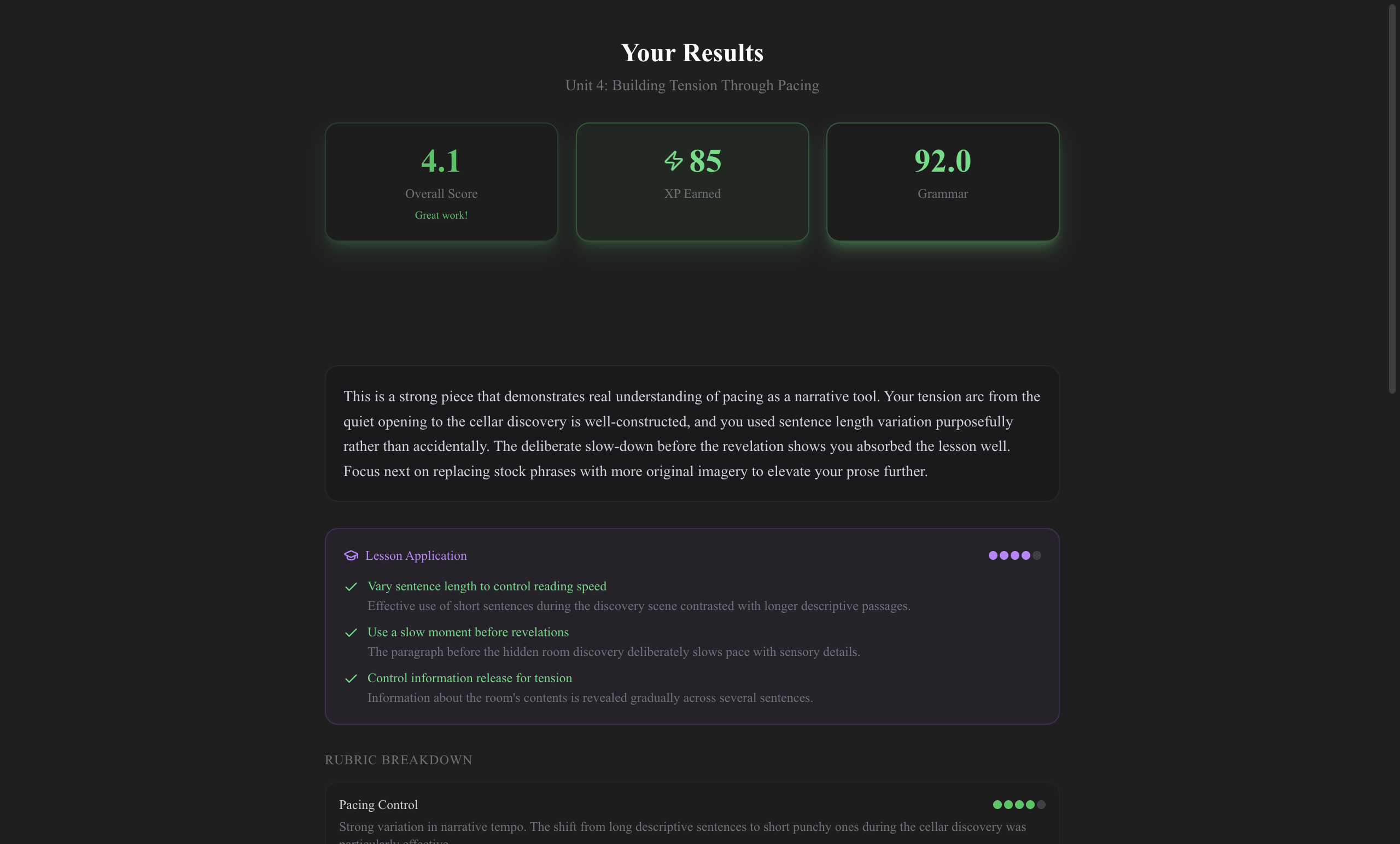 AI-graded feedback with rubric scores, strengths, revision tasks, and skill XP