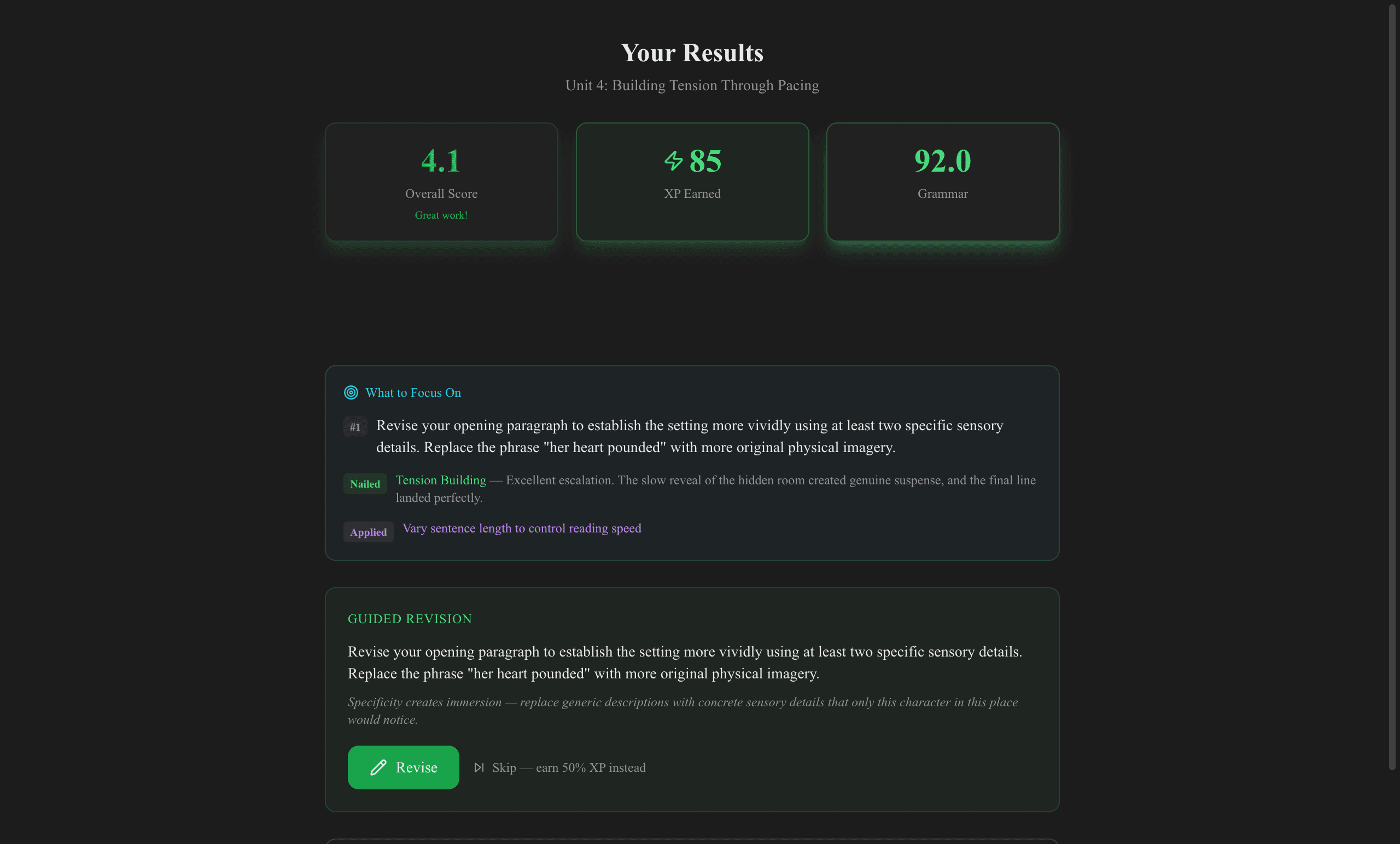 AI-graded feedback with rubric scores, strengths, revision tasks, and skill XP