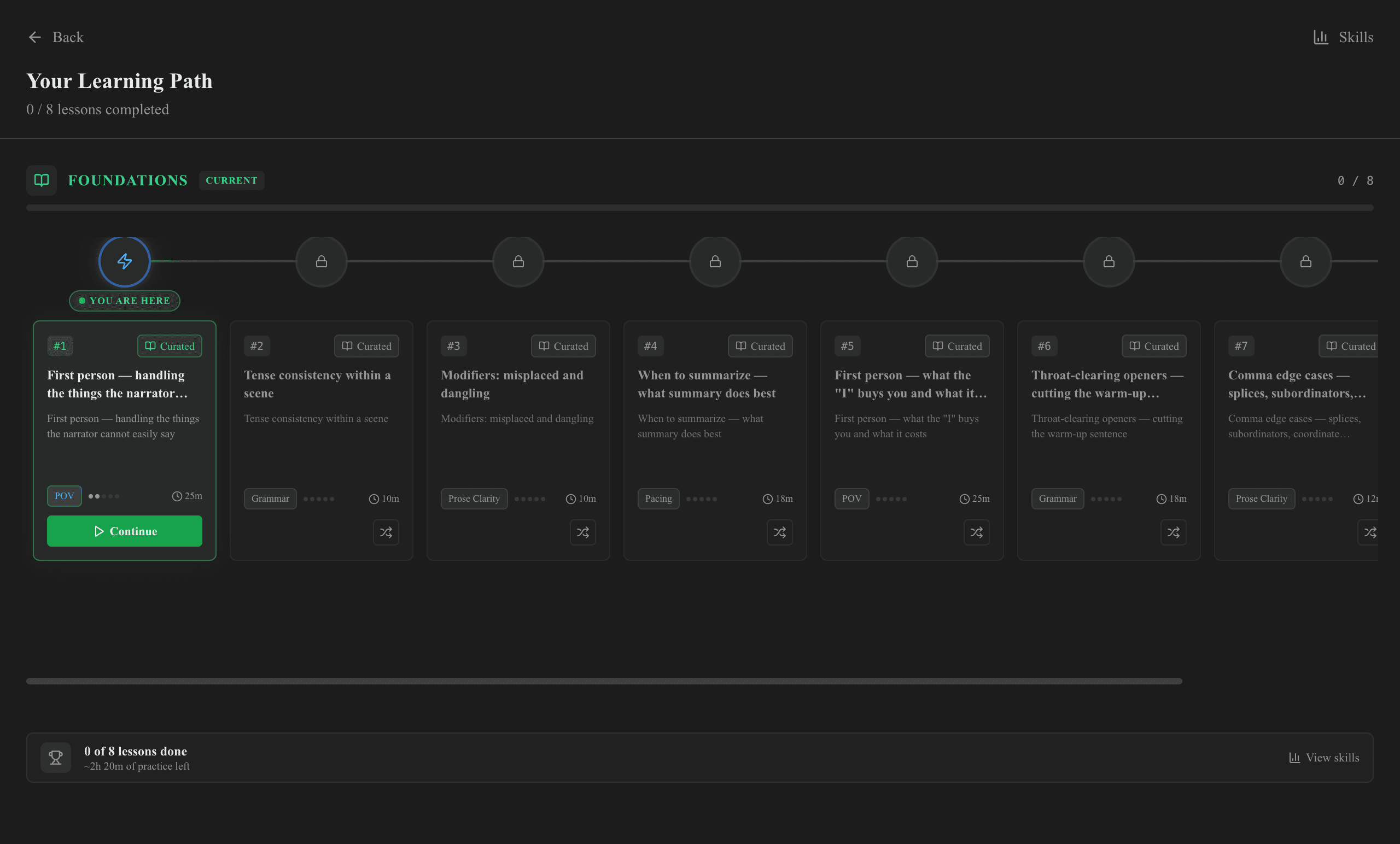Personalized writing curriculum roadmap with phases, units, and skill progression