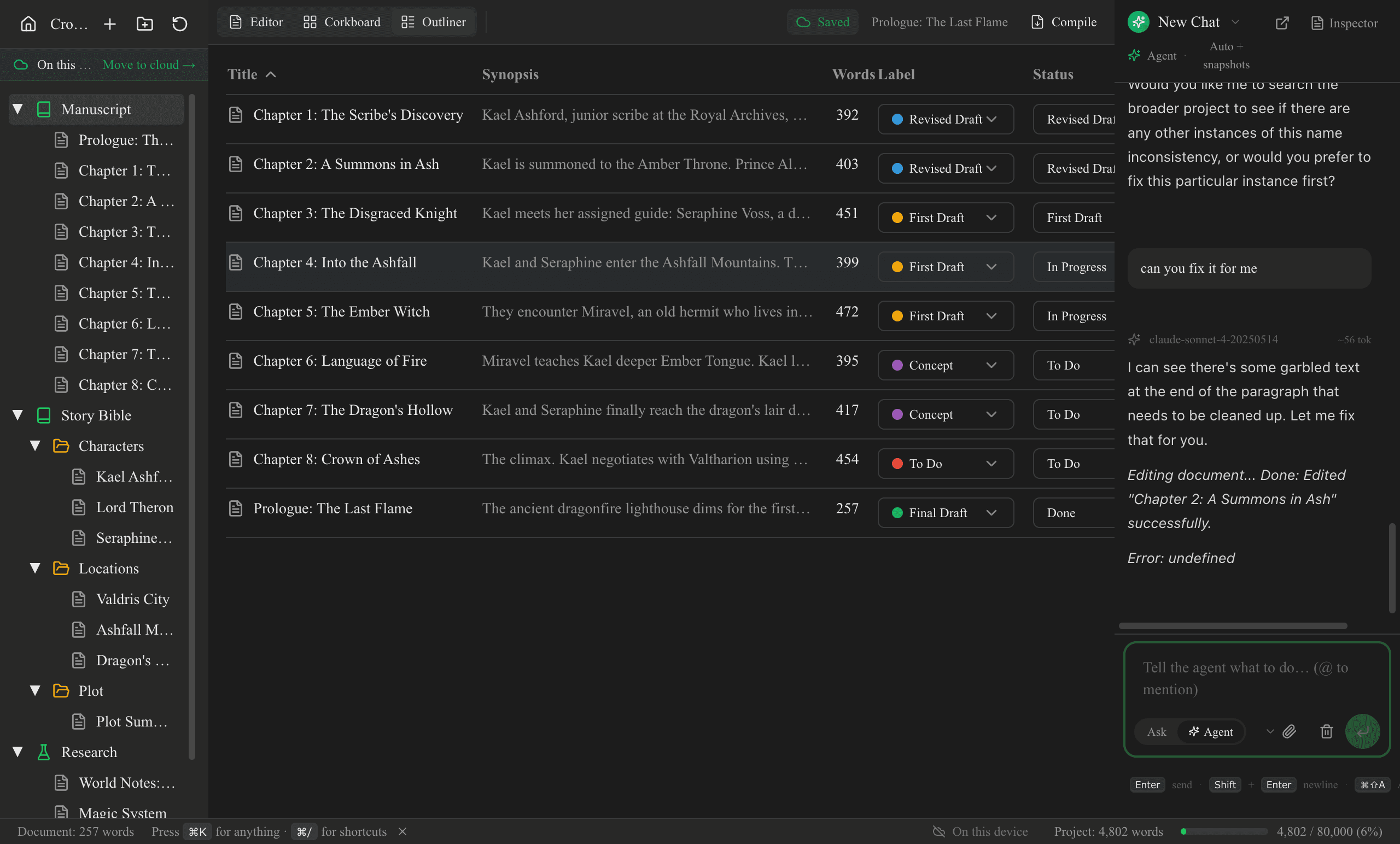 Outliner view with word counts, labels, and statuses for every document