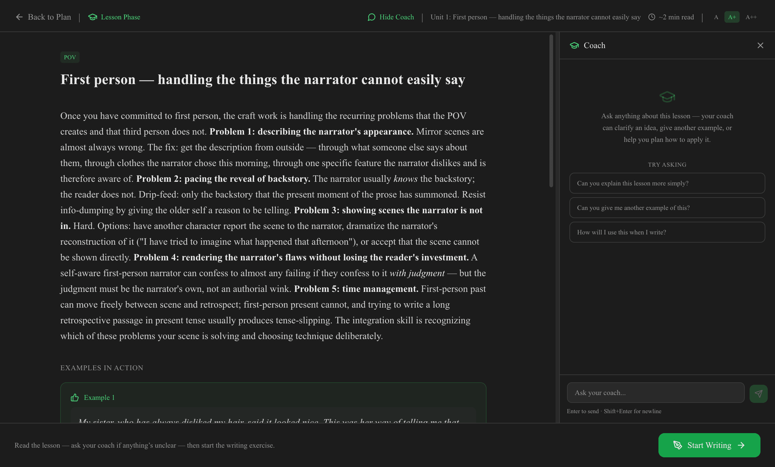 Writing coach lesson with interactive teaching content and a coach chat panel